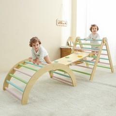Wooden Climbing Frame Toddlers Baby Climbing Toys Triangle Set with Ramp & Arch