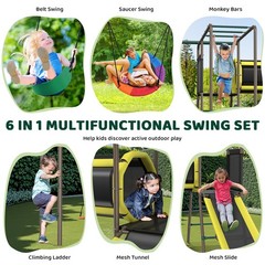 Large Metal Swing Set with 2 Swings, Tunnel, Slide,Climbing Ladder Monkey Bars