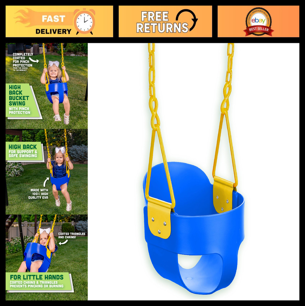Deluxe High Back Full Bucket Toddler Swing – Safe Chain & Pinch Protection – Blu