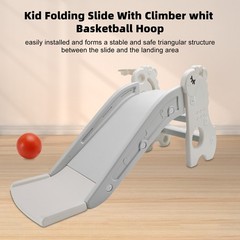 3In1 Kid Folding Slide With Climbe Basketball Hoop Freestanding Slide Toy White
