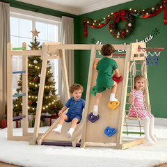 Indoor Jungle Gym, 9 in 1 Wooden Montessori Baby Climbing Toys with Adjustable 2