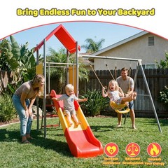 Metal and Plastic Treehouse Swing Set with Slide,Belt Swings and Canopy for Kids
