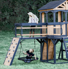 Timber Crossing Swing Set – Cedar Wood Outdoor Playset, Rock Wall, Slide, Swings