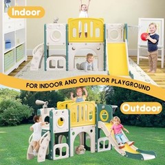 8-in-1 Toddler Climber and Slide Playset with Basketball Hoop – Green
