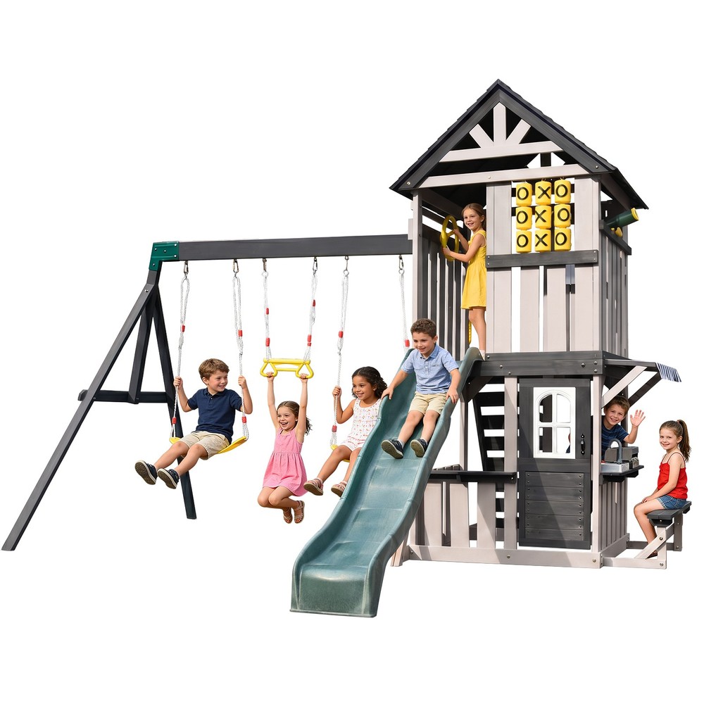 Large Wood Kid Swing Set Slide,Rock Wall,PlayKitchen Backyard Outdoor Playground
