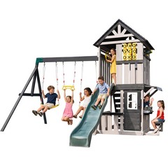 Large Wood Kid Swing Set Slide,Rock Wall,PlayKitchen Backyard Outdoor Playground