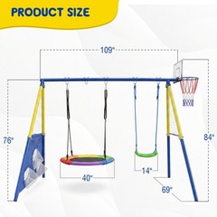 5in1 Kids Swing Set with Saucer Swing, Belt Swing, Basketball Hoop & Soccer Goal