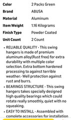 Heavy Duty Green Swing Hangers 500+ Lb Playground Porch Swing Powder Coat 2 Pack