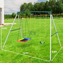 Hapfan 9.5ft Tall Heavy Duty Metal Outdoor Swing Set with 3 Swings & Trapeze Bar