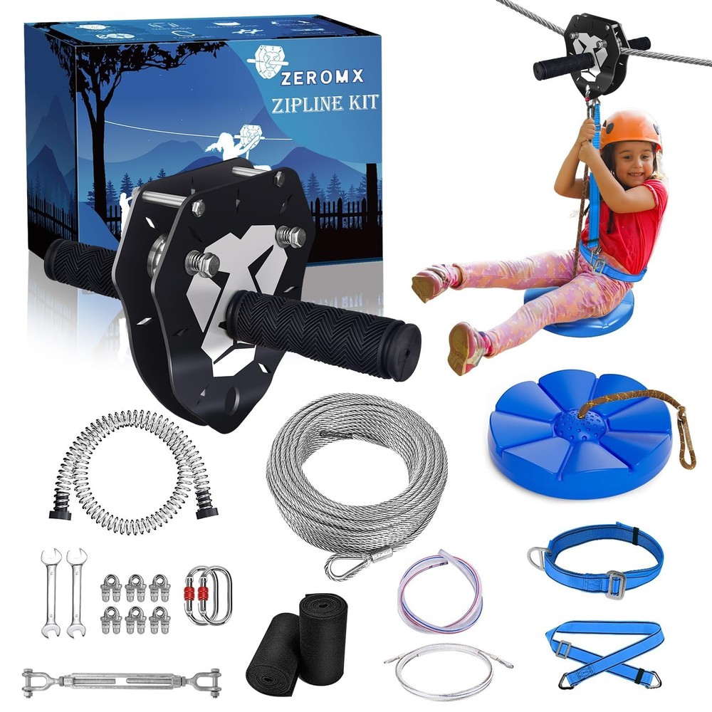 75ft/100ft/120ft/150ft Zip Line Kit for Kids and Adults Up to 380lb – Upgrade…
