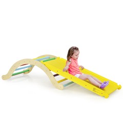 3-in-1 Kids Climber Set Wooden Arch Triangle Rocker w/ Blue & Ramp Mat