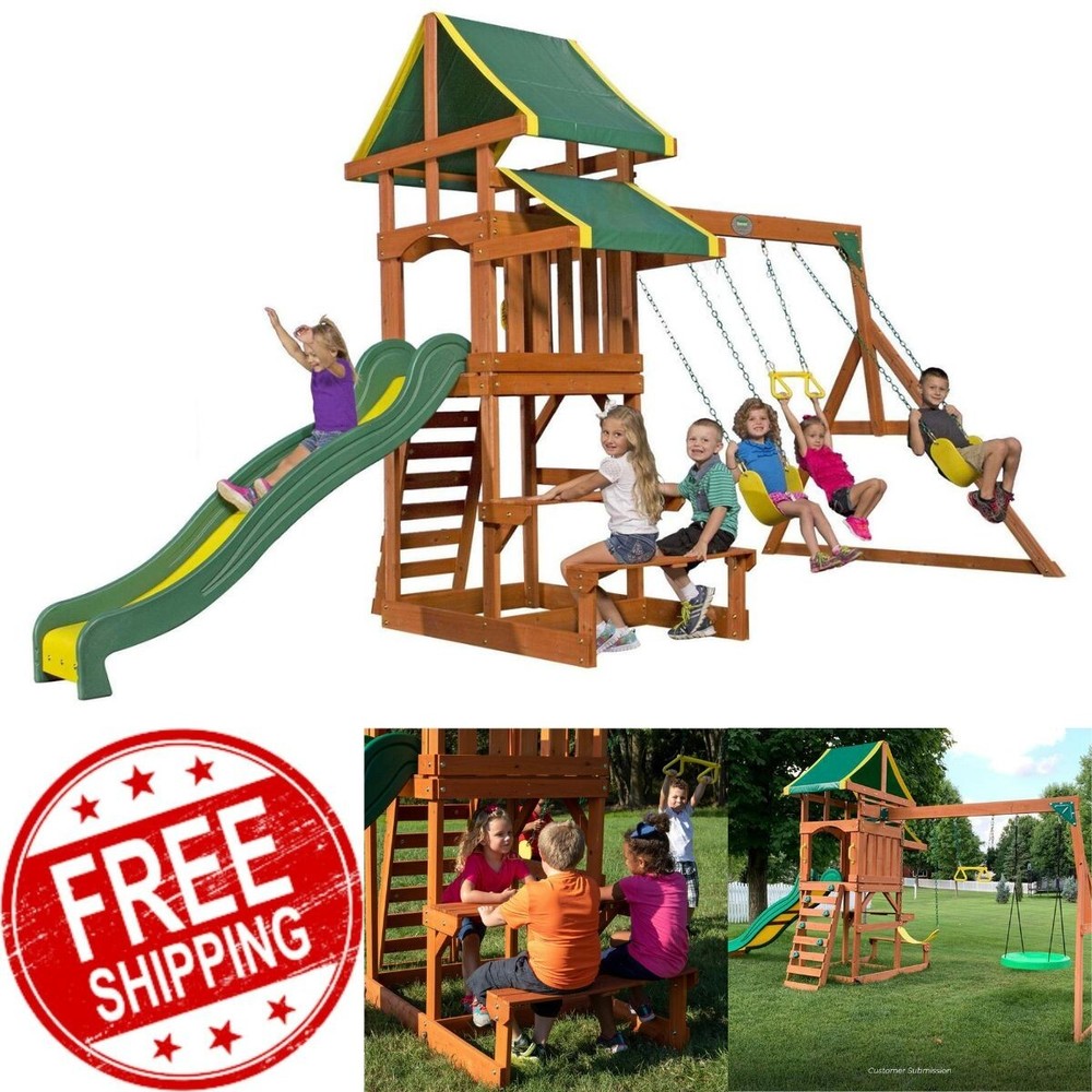 Backyard Discovery Cedar Wooden Swing Set Kids Outdoor 8 Ft Slide Playground Fun