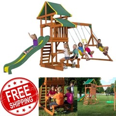 Backyard Discovery Cedar Wooden Swing Set Kids Outdoor 8 Ft Slide Playground Fun