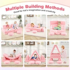 Modular Kids Play Couch Set Glow in Dark Portable Handles Pink Soft Foam Sofa