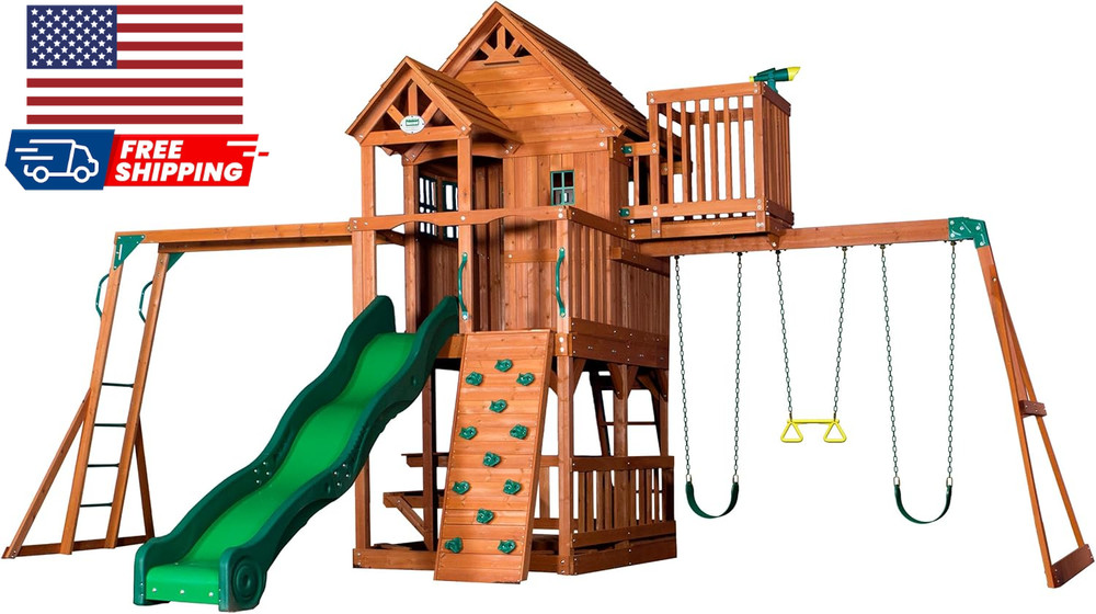 Skyfort II Cedar Wood Swing Set with Wave Slide Raised Clubhouse Crow’S Nest