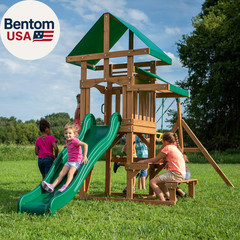 Belmont Cedar Wood Swing Set with Wave Slide, Play Deck, Rock Wall Ladder, Snack