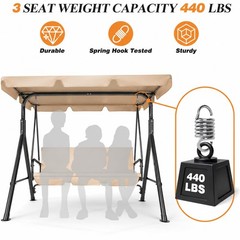 Garvee 3-Seat Patio Swing, Adj. Canopy, Thick Cushions, 500lb Cap. for Adults