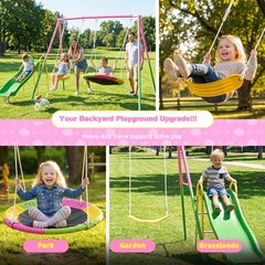 3 in 1 Outdoor Swing Set with Slide & Saucer Swing for Backyard