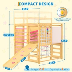 9 in 1 Indoor Jungle Gym for Kids 2-8, Wooden Climbing Structure with Slide