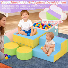 Toddler Climbing Toys Indoor, 6-Piece Baby Foam Climbing Blocks with Ball Pit, C