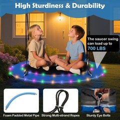 40″ Saucer Tree Swing 660 LBS for Kids Adults Outdoor w/LED Lights Black Blue