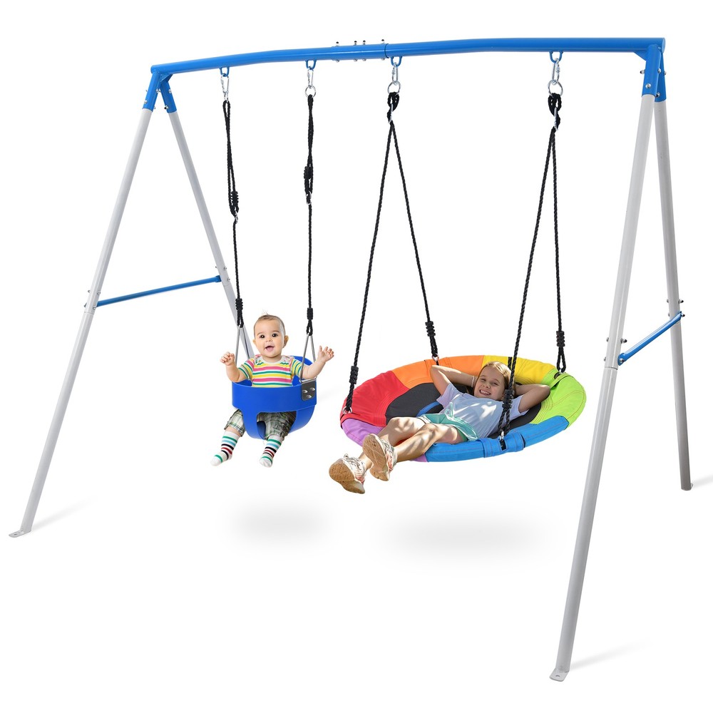 440lb Metal Swing Set for Backyard Heavy Duty A-Frame with Saucer Swing for Kids