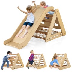 4 in 1 Wooden Climbing Set w/ 3-Side Triangle Climber & Sliding Board Natural
