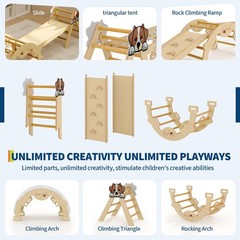 Ramp Arch And Ladder Attached To Natural Wood 4-in-1 Wooden Climbing Frame Trian