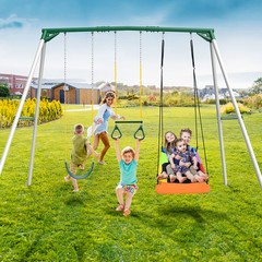 Hapfan 9.5ft Tall Heavy Duty Metal Outdoor Swing Set with 3 Swings & Trapeze Bar