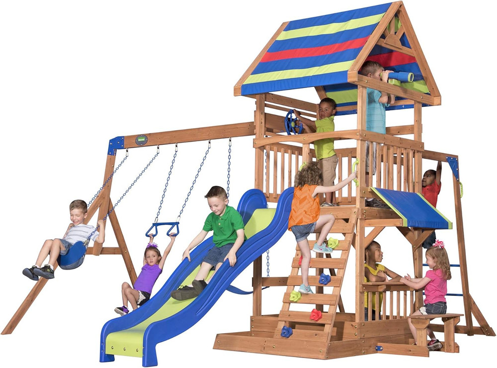 Cedar Wood Beach Front Swing Set with Slide, Monkey Bars & Picnic Area