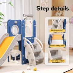 6 in 1 Toddler Playset with Hoop Ball Kids Playground Slide Outdoor Blue