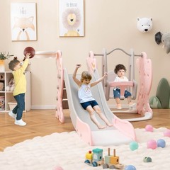 Toddler Slide and Swing Set 4-in-1 Indoor Playground with Extended Slide & Swing