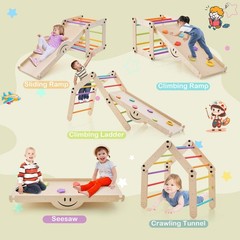 2-Piece Indoor Wooden Montessori Climbing Toys with DIY Climber, Slide & Seesaw