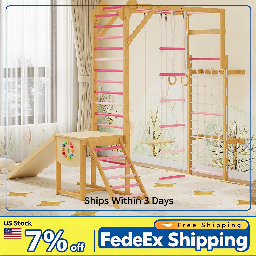 Wooden Kids Indoor Jungle Gym 8 in 1 Climbing Structure Slide Swing Monkey Bars