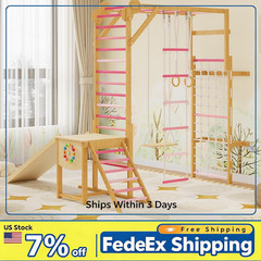 Wooden Kids Indoor Jungle Gym 8 in 1 Climbing Structure Slide Swing Monkey Bars