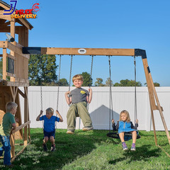 Wood Swing Set with Spiral Tube Slide Wave Slide Clubhouse Outdoor Playset
