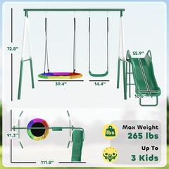Qaba Metal Swing Set with Slide, Heavy Duty Swing Set, Dark Green