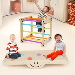 2-Piece Indoor Wooden Montessori Climbing Toys with DIY Climber, Slide & Seesaw