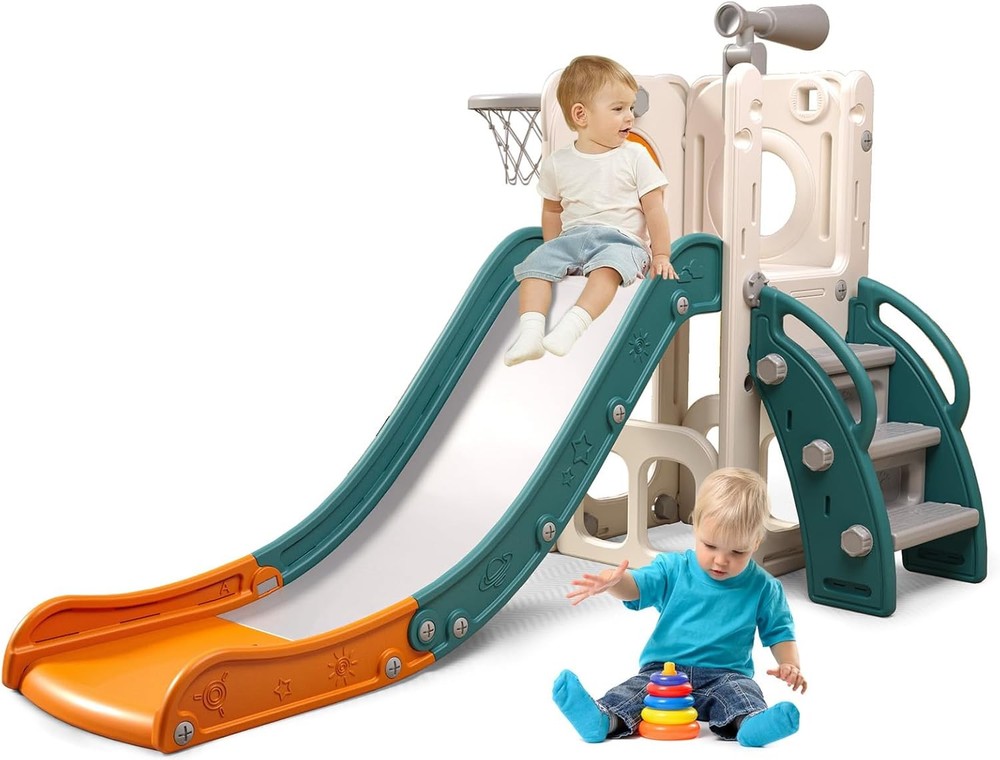 6 in 1 Toddler Playset with Hoop Ball Kids Playground Slide Outdoor Orange