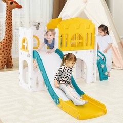 9 in 1 Toddler Slide L Shaped Kids Slide and Climber Playset w/ Basketball Hoop