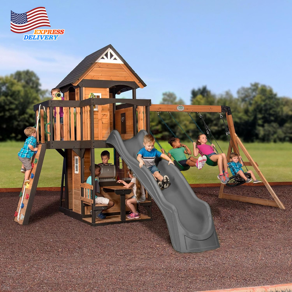 Canyon Creek Cedar Wood Swing Set with Wave Slide, Clubhouse, Play Kitchen, Picn