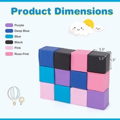 12 PCS Foam Building Blocks 5.5″ x 5.5″ Colorful Climbing Foam Soft Cubes