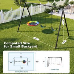 500lb Metal Swing Set Playground with 3 Swings Heavy Duty A-Frame Stand Backyard