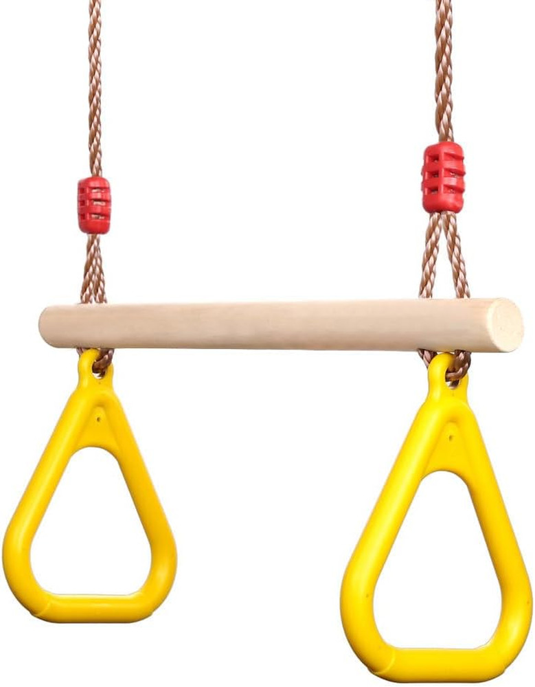 Playground Children’S Wooden Trapeze Swing Bar with Plastic Gym Rings Swing Set