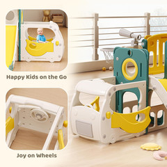 Bus-Themed Toddler Slide & Climber Playset with Basketball Hoop for Indoor/Outdo