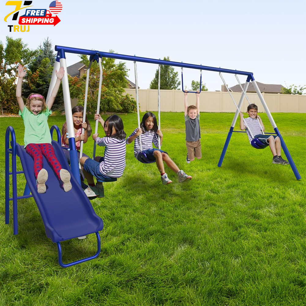 Arcadia Metal Swing Set for Kids Trapeze 2 Person Glider 5ft Slide Outdoor Backy