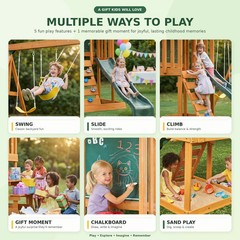Wooden Swing Set Outdoor Kids Slide Backyard Playground Playset Rock Chalk Wall