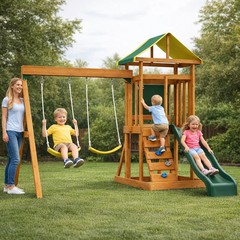 Wooden Swing Set Outdoor Kids Slide Backyard Playground Playset Rock Chalk Wall