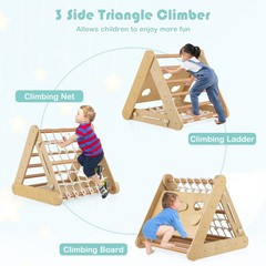 4 in 1 Wooden Climbing Set w/ 3-Side Triangle Climber & Sliding Board Natural