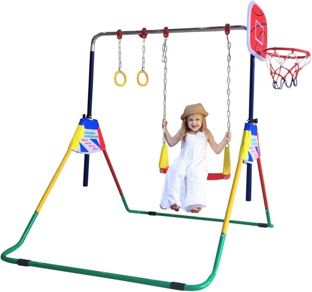 Adjustable Kids Gymnastics Bar Set w/ Swing, Rings, Hoop – Home Training & Fun